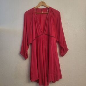 Free People Barbie Pink Long-sleeve V-neck Fit & Flare Flowy Boho Dress: M sexy